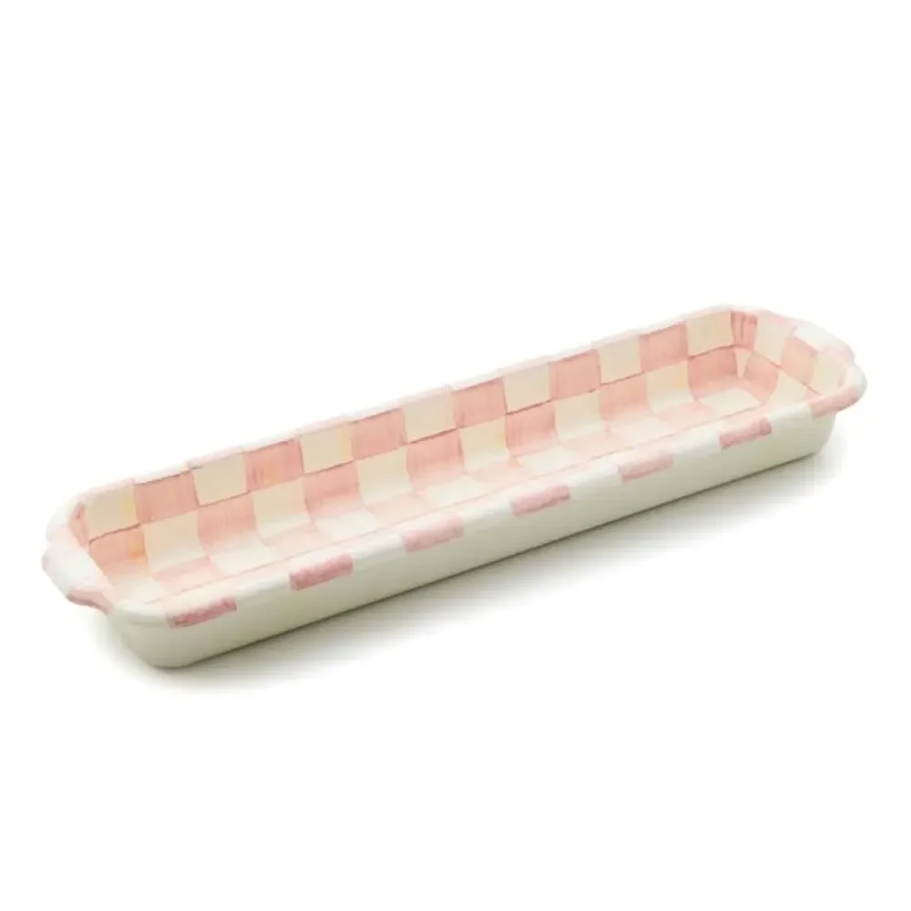 Brand New Mackenzie-Childs Rosy Check Baguette Dish 18x5 Posh Pink & White